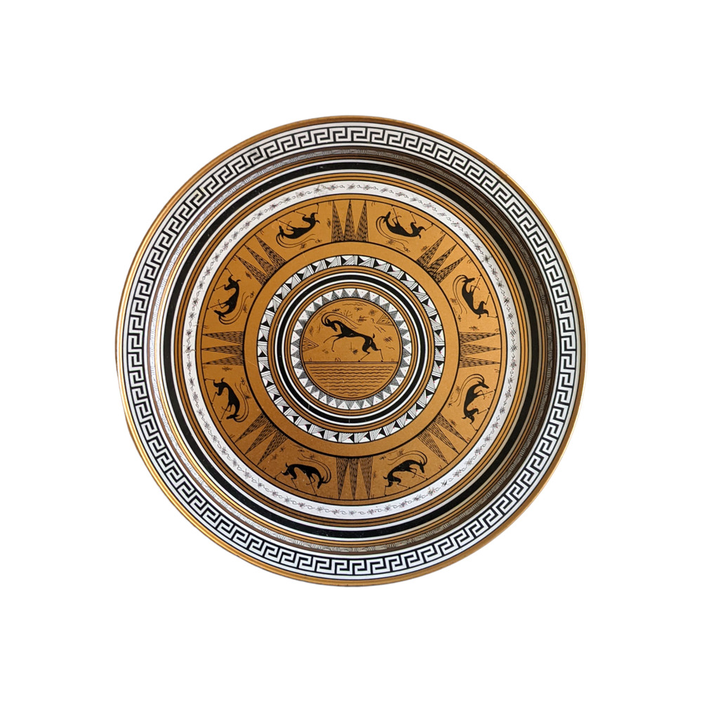 VTG Mid-Century Greek‎ Key Etruscan Round Metal Serving Tray Hollywood Regency